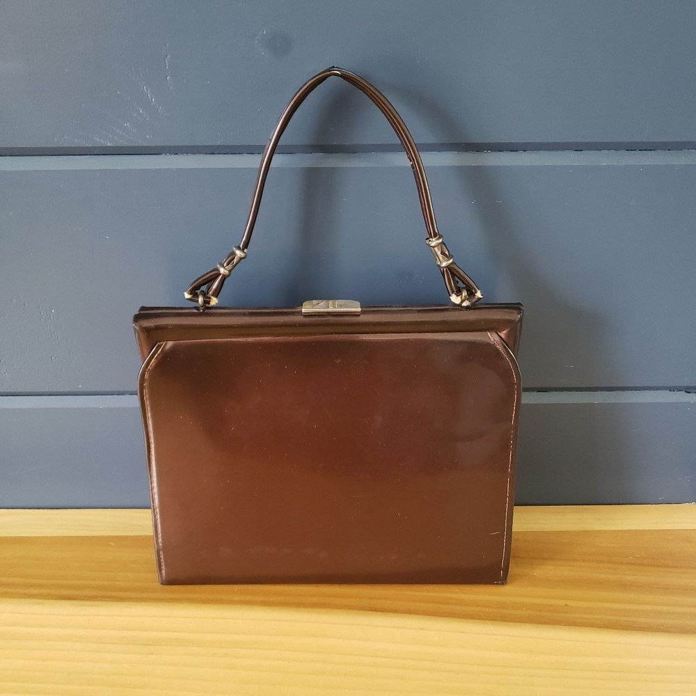 70s(?) Brown Faux Patent Leather Handbag
